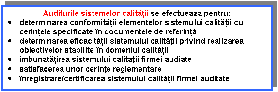 Text Box: Auditurile sistemelor calitatii se efectueaza pentru:
. determinarea conformitatii elementelor sistemului calitatii cu cerintele specificate n documentele de referinta 
. determinarea eficacitatii sistemului calitatii privind realizarea obiectivelor stabilite n domeniul calitatii
. mbunatatirea sistemului calitatii firmei audiate
. satisfacerea unor cerinte reglementare
. nregistrare/certificarea sistemului calitatii firmei auditate
